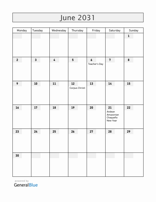 Bolivia June 2031 Calendar with Holidays