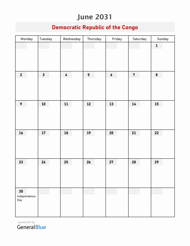 Democratic Republic of the Congo June 2031 Calendar with Holidays