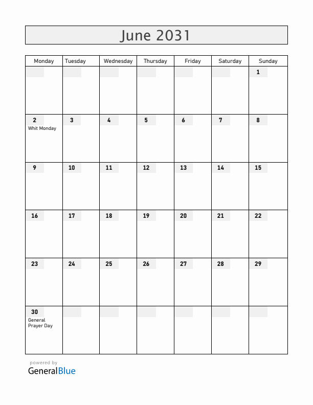 Central African Republic June 2031 Calendar with Holidays