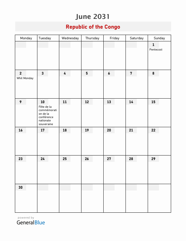 Republic of the Congo June 2031 Calendar with Holidays