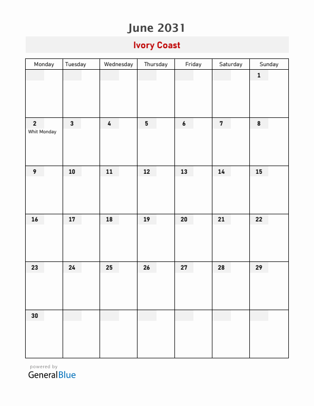 Ivory Coast June 2031 Calendar with Holidays