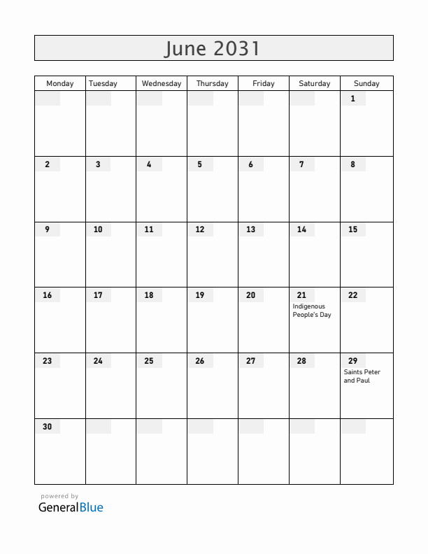 Chile June 2031 Calendar with Holidays