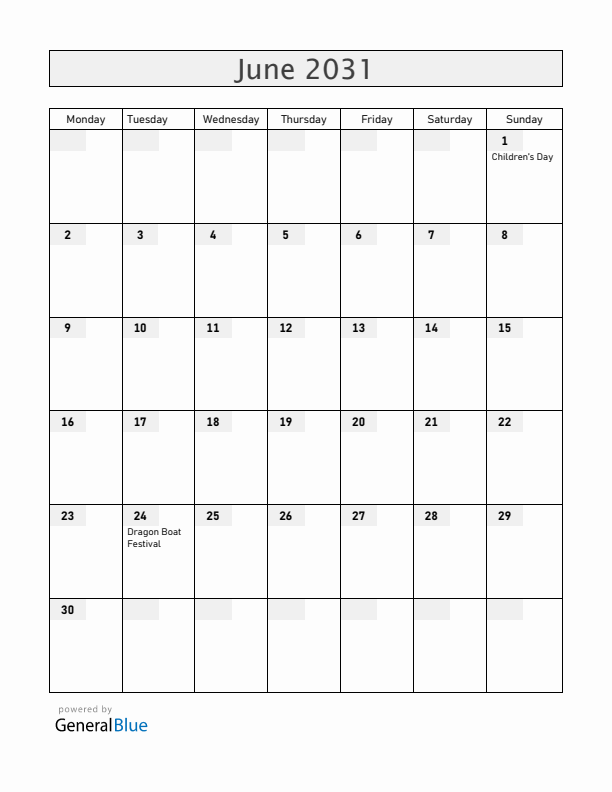 China June 2031 Calendar with Holidays