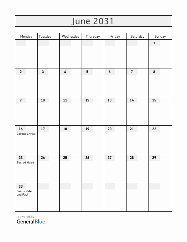 Colombia June 2031 Calendar with Holidays