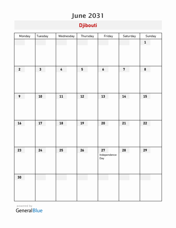 Djibouti June 2031 Calendar with Holidays