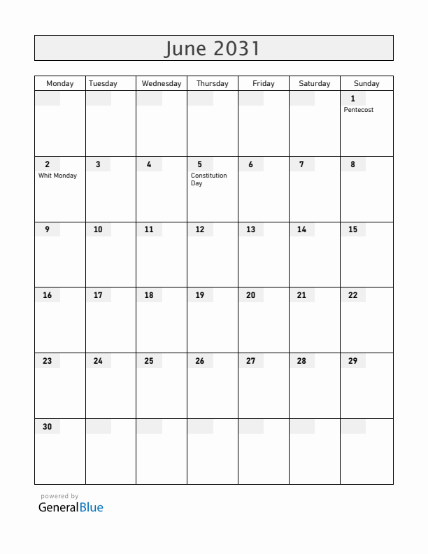 Denmark June 2031 Calendar with Holidays