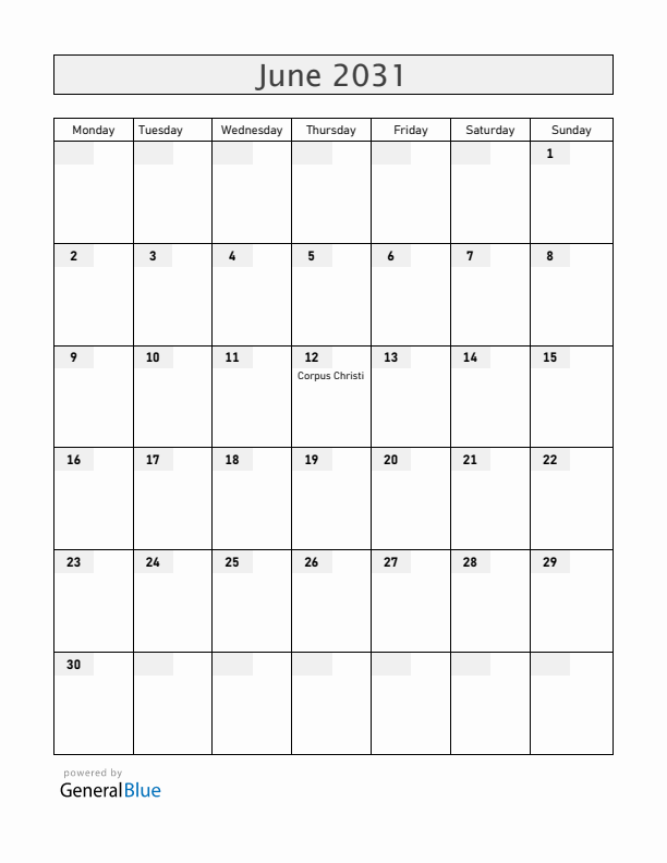 Dominican Republic June 2031 Calendar with Holidays