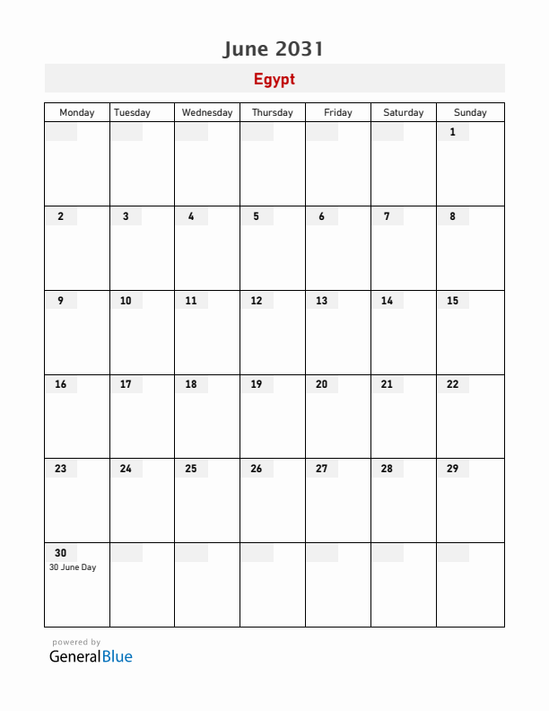 Egypt June 2031 Calendar with Holidays
