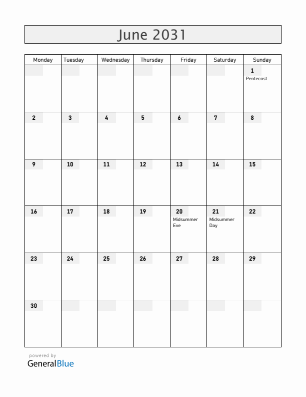 Finland June 2031 Calendar with Holidays