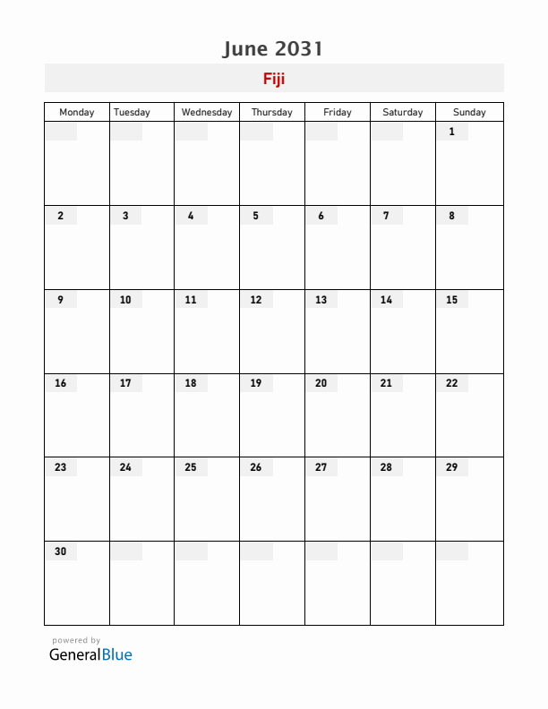 Fiji June 2031 Calendar with Holidays