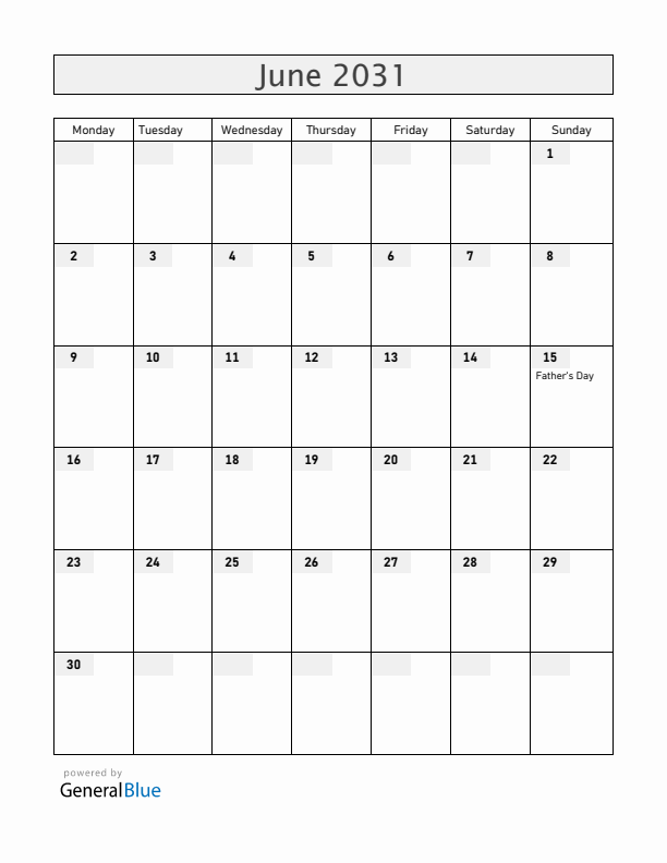 United Kingdom June 2031 Calendar with Holidays