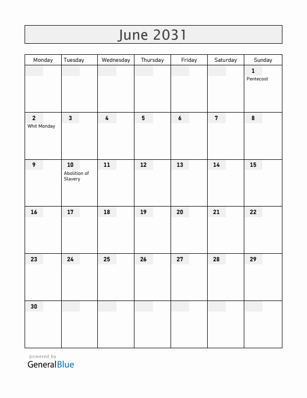 French Guiana June 2031 Calendar with Holidays