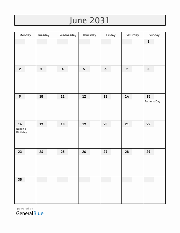 Gibraltar June 2031 Calendar with Holidays