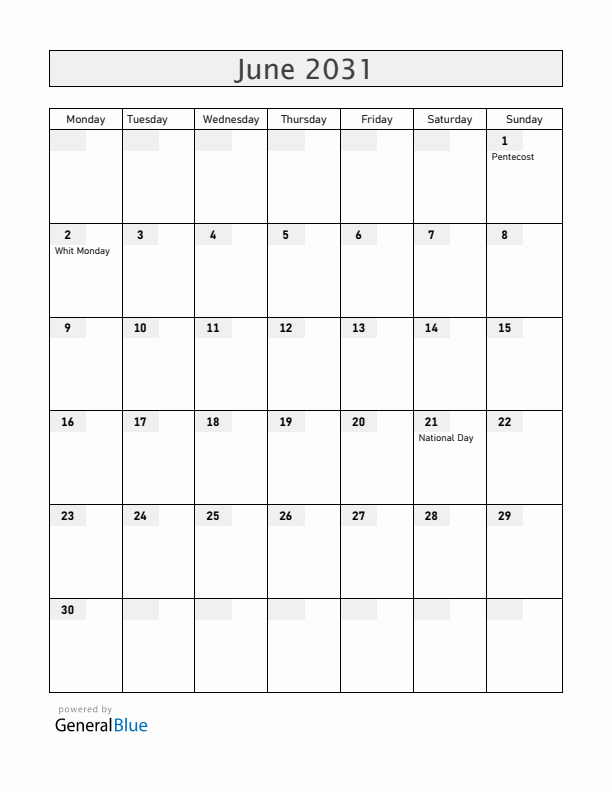 Greenland June 2031 Calendar with Holidays