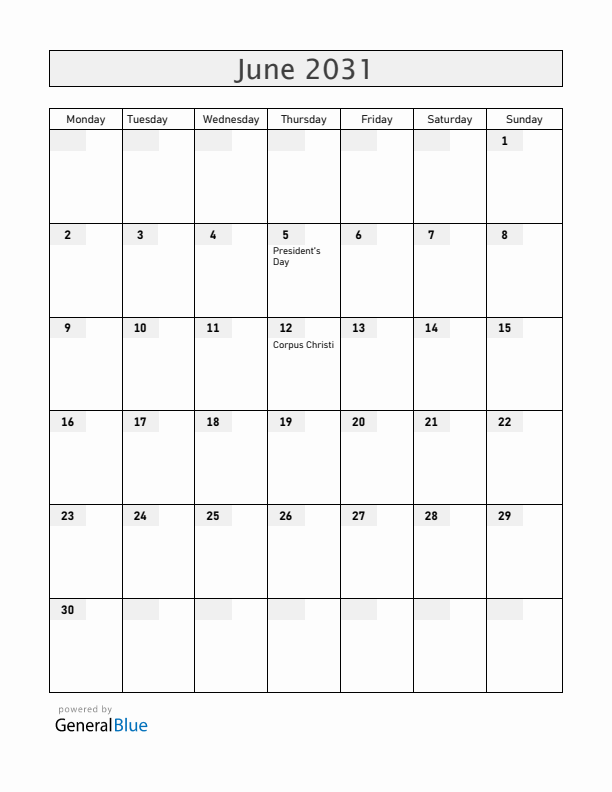 Equatorial Guinea June 2031 Calendar with Holidays