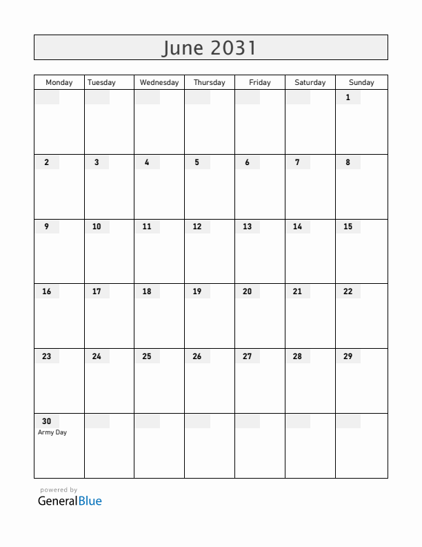 Guatemala June 2031 Calendar with Holidays