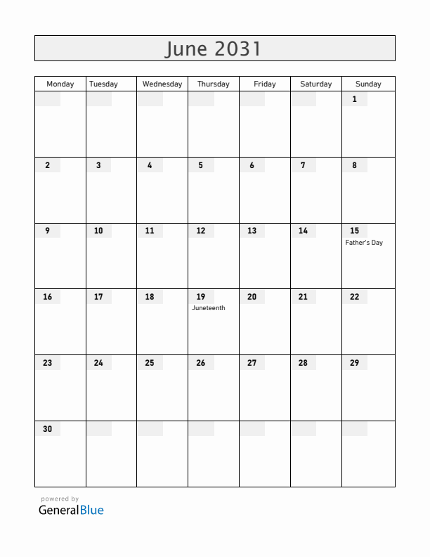 Guam June 2031 Calendar with Holidays