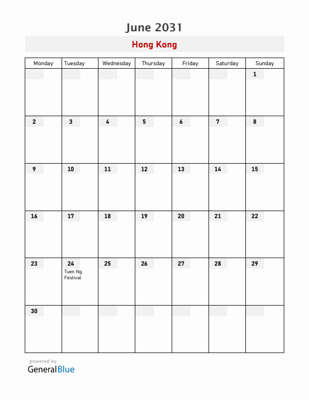 Hong Kong June 2031 Calendar with Holidays