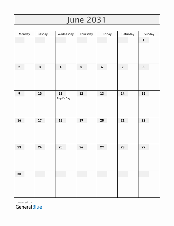 Honduras June 2031 Calendar with Holidays