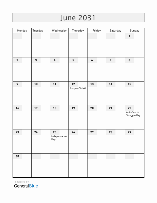 Croatia June 2031 Calendar with Holidays