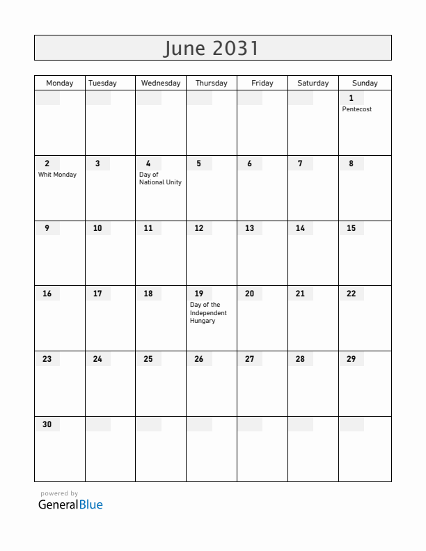 Hungary June 2031 Calendar with Holidays