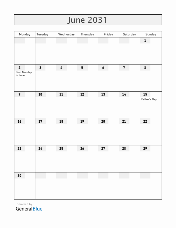 Ireland June 2031 Calendar with Holidays
