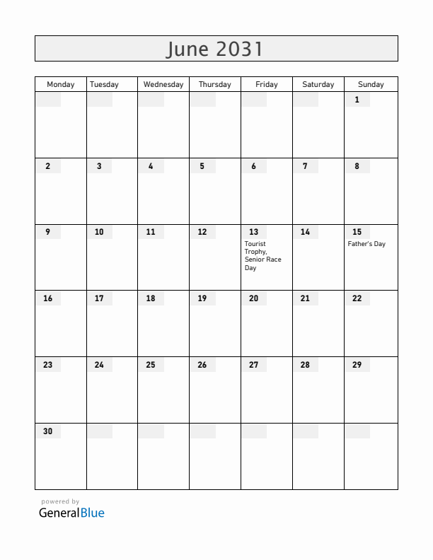 Isle of Man June 2031 Calendar with Holidays
