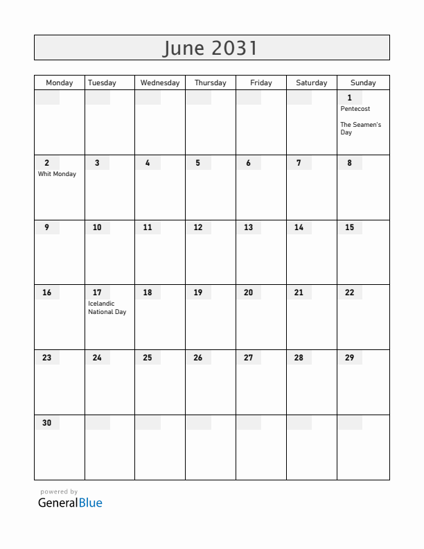 Iceland June 2031 Calendar with Holidays