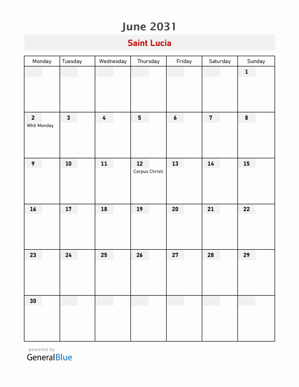 Saint Lucia June 2031 Calendar with Holidays