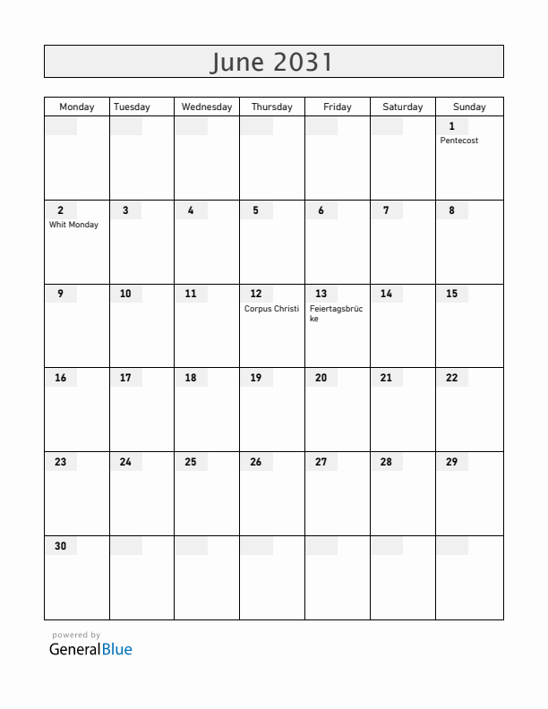 Liechtenstein June 2031 Calendar with Holidays