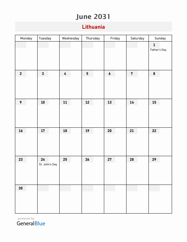 Lithuania June 2031 Calendar with Holidays