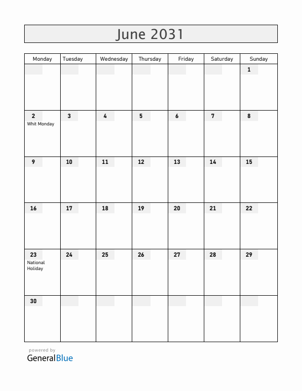 Luxembourg June 2031 Calendar with Holidays