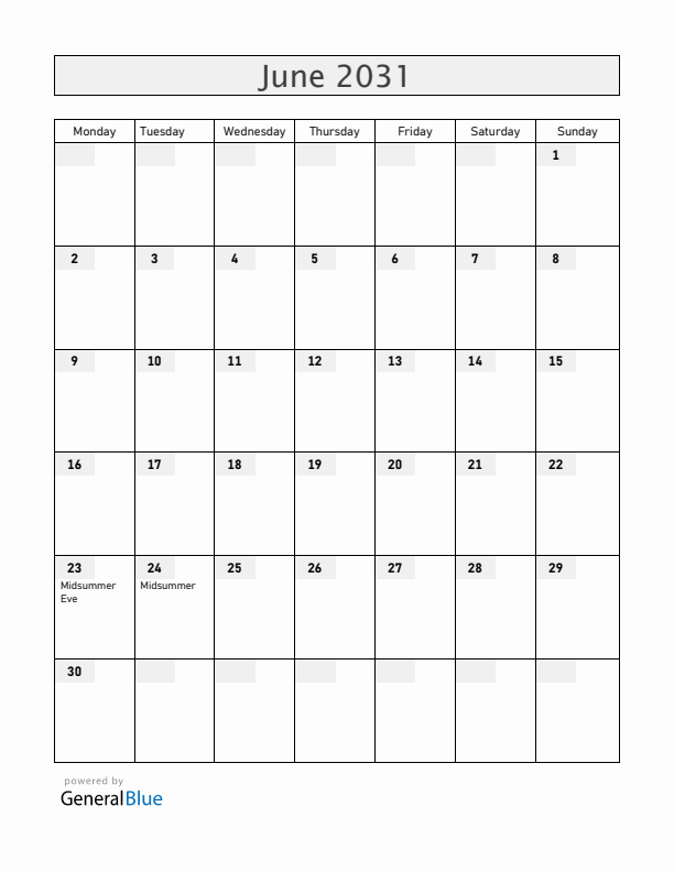 Latvia June 2031 Calendar with Holidays
