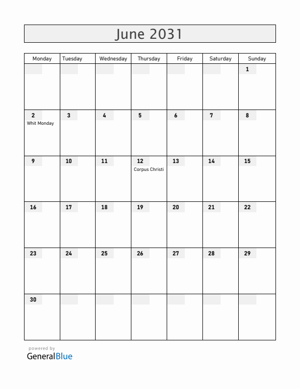 Monaco June 2031 Calendar with Holidays