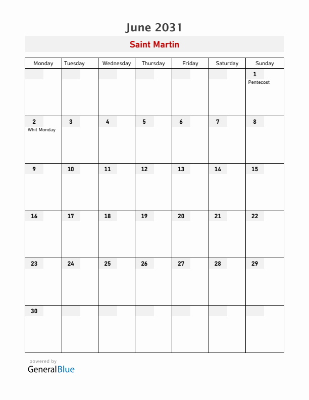 Saint Martin June 2031 Calendar with Holidays