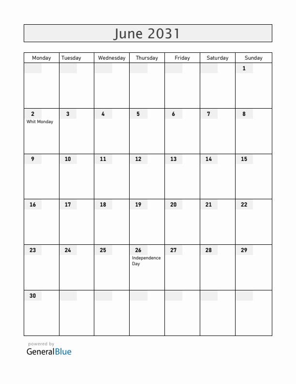 Madagascar June 2031 Calendar with Holidays