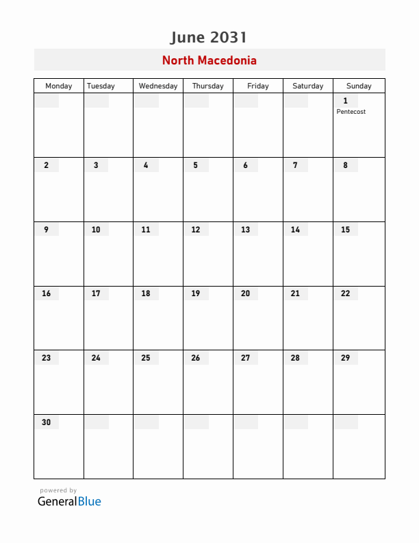 North Macedonia June 2031 Calendar with Holidays
