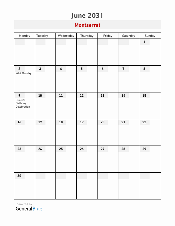 Montserrat June 2031 Calendar with Holidays