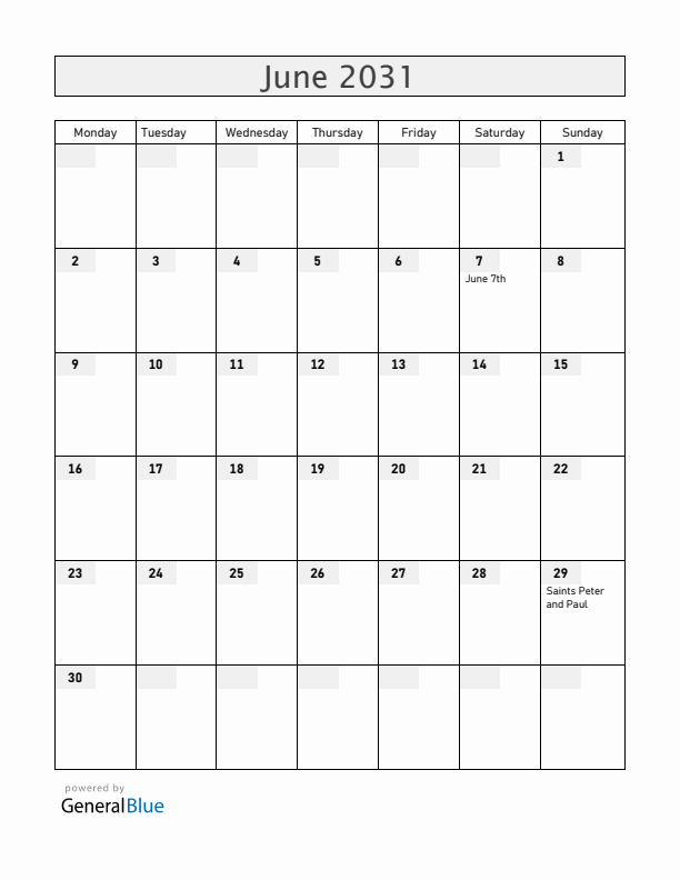 Malta June 2031 Calendar with Holidays