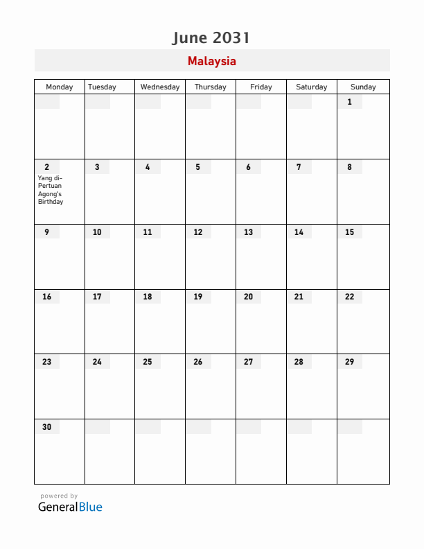 Malaysia June 2031 Calendar with Holidays