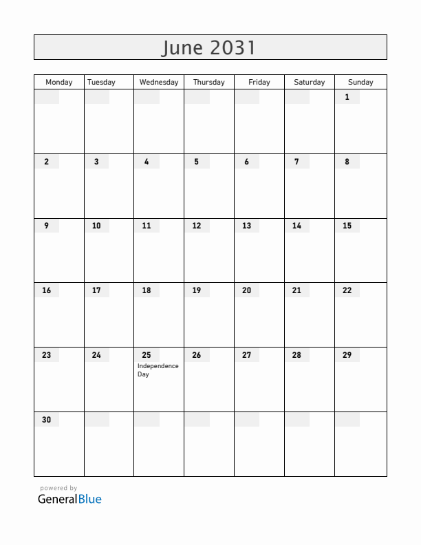 Mozambique June 2031 Calendar with Holidays