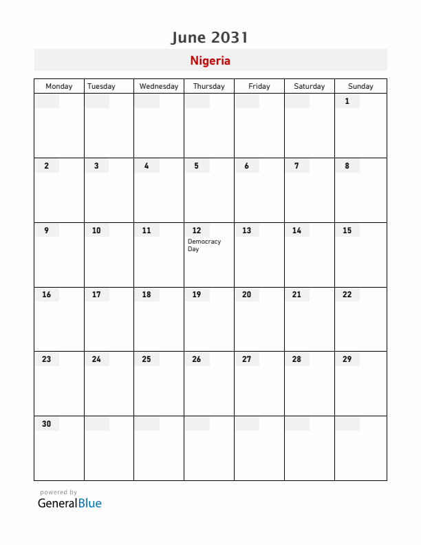 Nigeria June 2031 Calendar with Holidays