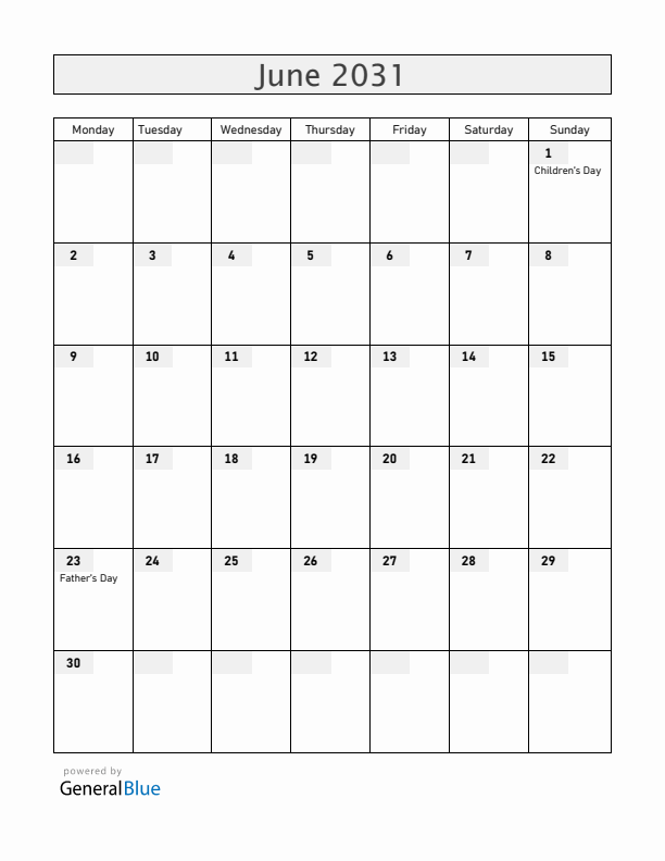 Nicaragua June 2031 Calendar with Holidays
