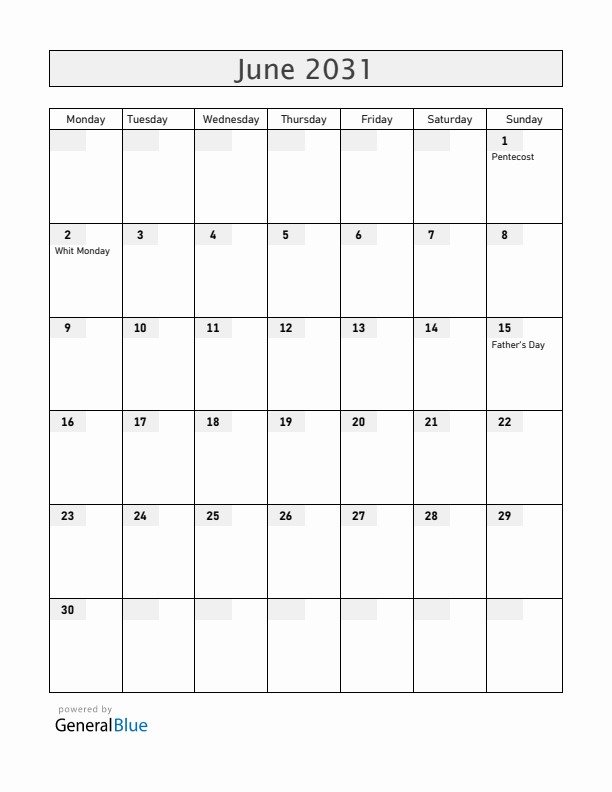 The Netherlands June 2031 Calendar with Holidays