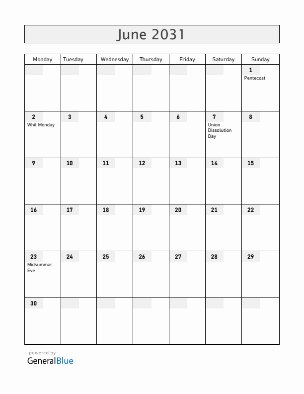 Norway June 2031 Calendar with Holidays