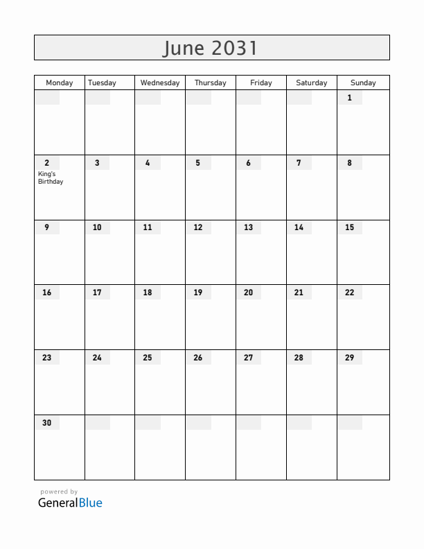 New Zealand June 2031 Calendar with Holidays