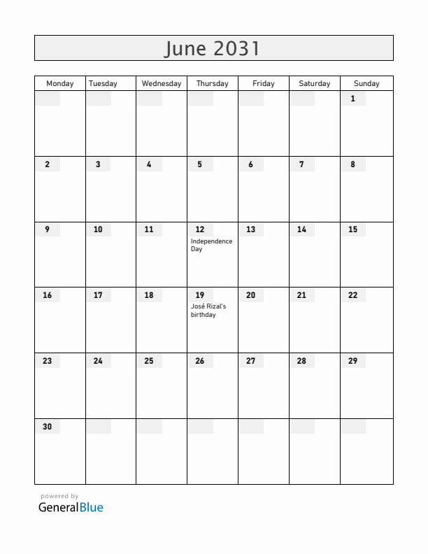 Philippines June 2031 Calendar with Holidays