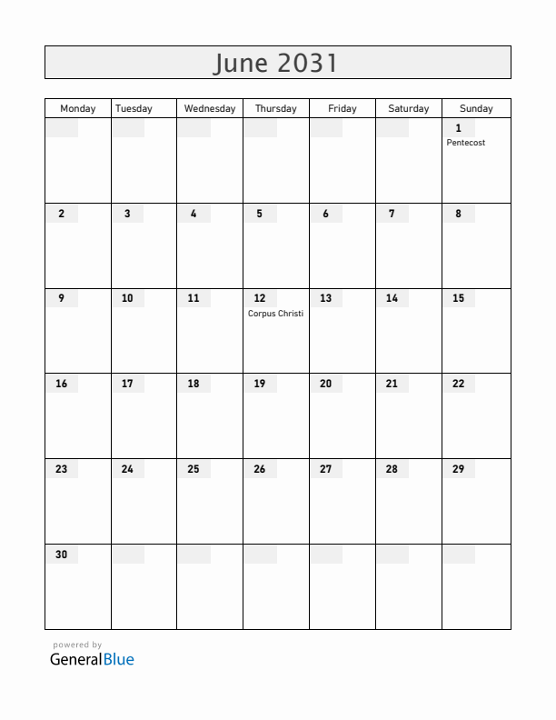 Poland June 2031 Calendar with Holidays