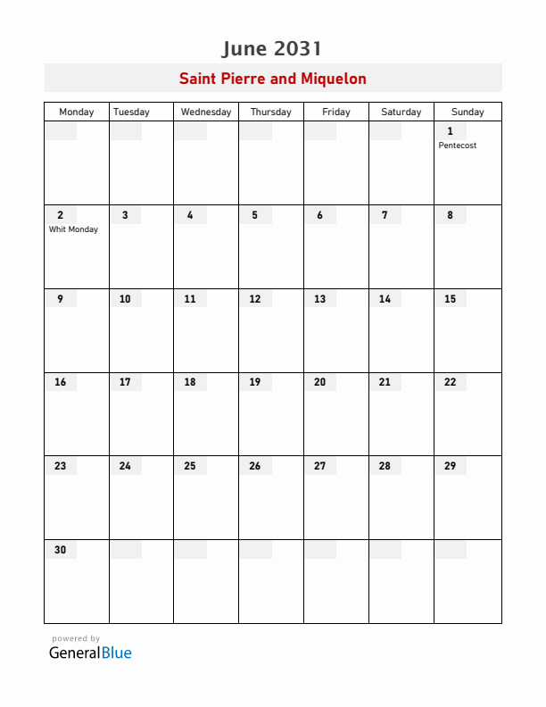 Saint Pierre and Miquelon June 2031 Calendar with Holidays