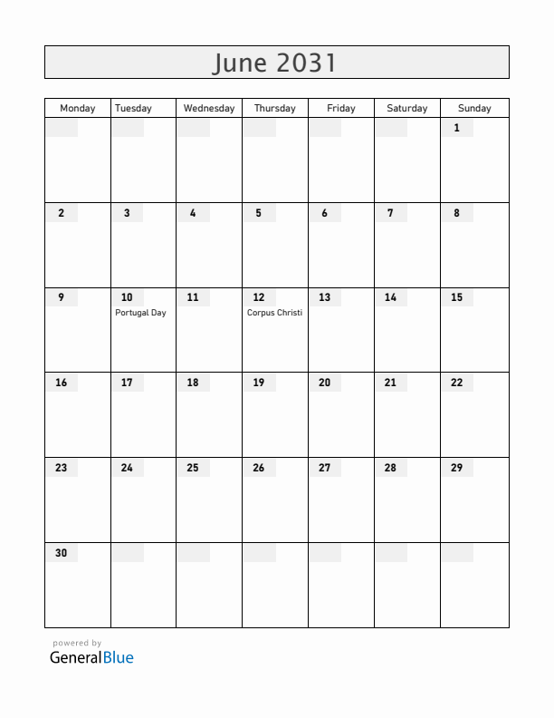 Portugal June 2031 Calendar with Holidays